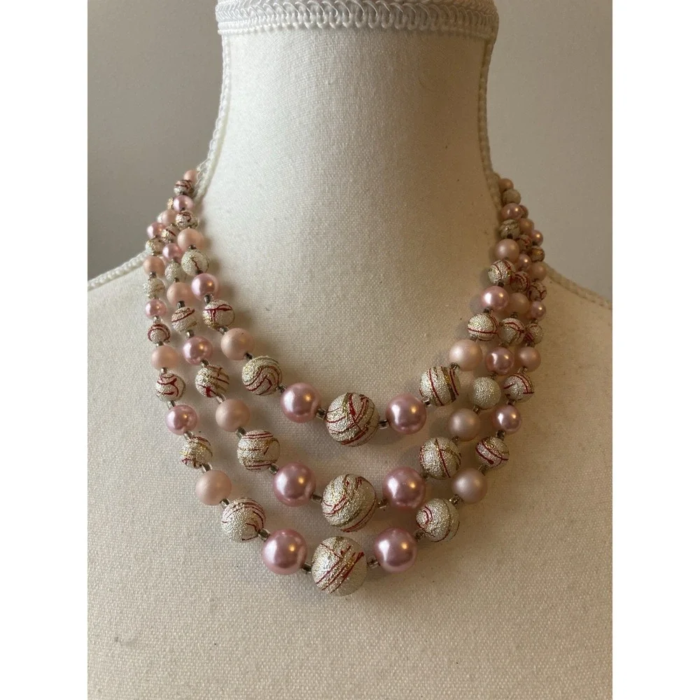 Vintage‎ Multi Strand Necklace Pink Faux Pearl Gold Tone Romantic Collar Choker